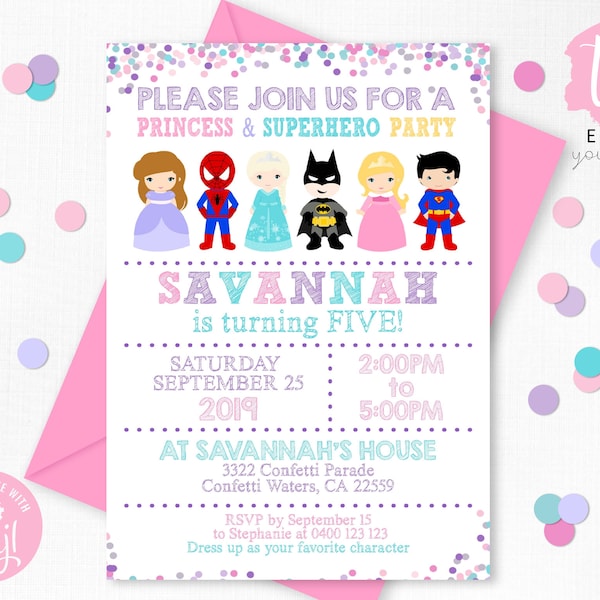 Invitation d'anniversaire princesse super-héros téléchargement immédiat Invitation princesse super-héros modifiable princesse super-héros fête fille garçon fête Corjl