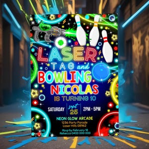 Instant Download LASER TAG and BOWLING Invitation Bowling Laser Tag Party Invitation Laser Tag and Bowling Birthday Invitation Neon Bowling