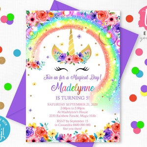 RAINBOW UNICORN Party Invitation Editable Corjl Rainbow Unicorn Invitation Instant Download Bright Unicorn Rainbow Birthday Invitation 0261 image 1