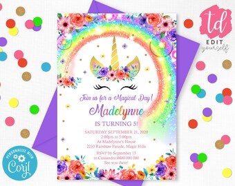 RAINBOW UNICORN Party Invitation Editable Corjl Rainbow Unicorn Invitation Instant Download Bright Unicorn Rainbow Birthday Invitation 0261