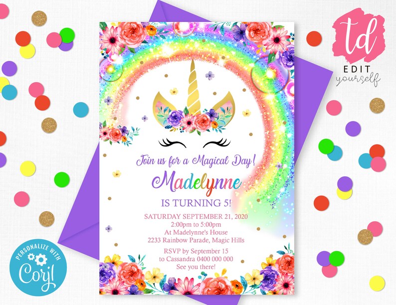 RAINBOW UNICORN Party Invitation Editable Corjl Rainbow Unicorn Invitation Instant Download Bright Unicorn Rainbow Birthday Invitation 0261 image 1