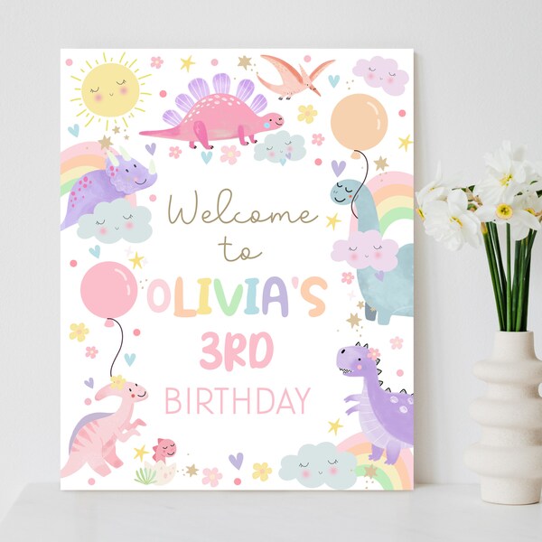 Cartello di benvenuto per compleanno di una bambina con dinosauro: decorazioni per feste arcobaleno (download digitale modificabile)