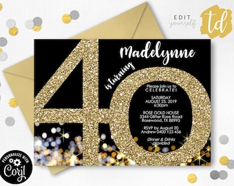 40th Birthday Invitation Instant Download Invitations Gold 40th Birthday Invitation Gold Glitter 40th Invitation Adult Invitation Corjl