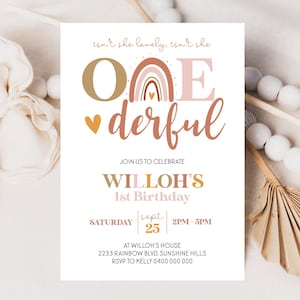 BOHO RAINBOW 1st Birthday Invitation Editable Isnt she lovely Isnt she Onederful Invitation Digital Modern Rainbow First Birthday Invite