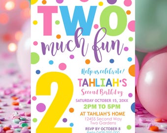 Two Much Fun 2nd Birthday Invitation: Editable Rainbow Confetti Evite (Digital Download)