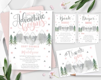 Girl Adventure Baby Shower Invitation Set: Pink Mountains (Editable Template)