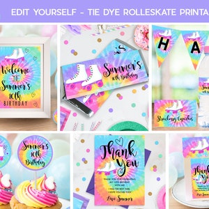 ROLLER SKATE PARTY Package Instant download Rainbow Tie Dye Rollerskating Printable Roller Skate Party Girl Editable Rollerskate Party Decor