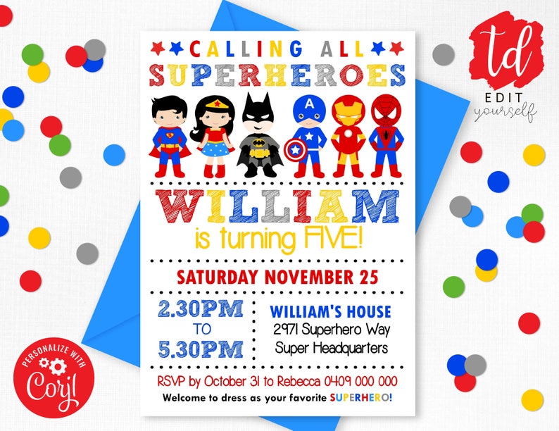 SUPERHERO Party Invitation INSTANT DOWNLOAD Superhero Invitations Superhero Party Invitation Superhero printable Editable Corjl Superhero image 4