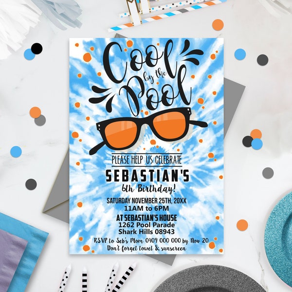 POOL PARTY Invitation Boy Tie Dye Cool by the Pool Party Invitation Editable Cool by Pool Party Invitation Instant Download Pool Invitation