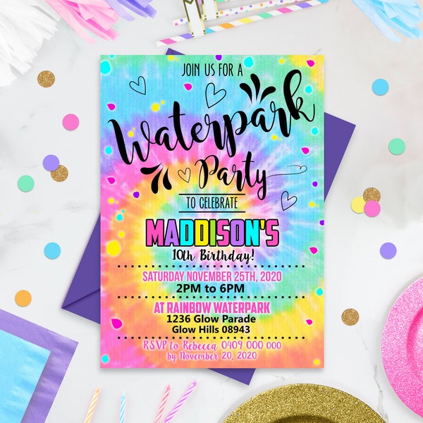 WATERPARK PARTY Invitation Girl Tie Dye Water Park Party Invitation Editable Waterpark Party Invitation Instant Download Invitation Corjl