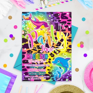 RAINBOW DOLPHIN Party Invitation Editable Corjl Rainbow Cheetah Print Invitation Instant Download Dolphin Birthday Invitation Cheetah Pool