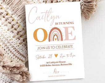 May include: A pink and yellow birthday invitation with a rainbow and the text "Caitlyn is turning one" and "Join us to celebrate". The invitation includes the date, time, and location of the party.