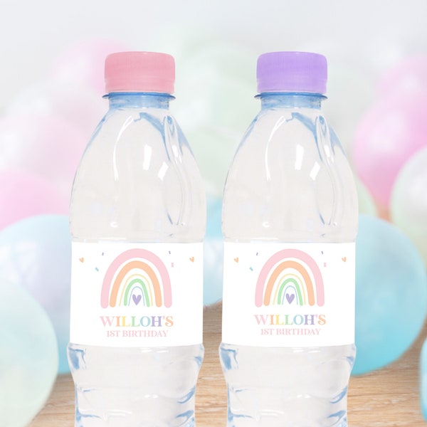 RAINBOW WATER BOTTLE Labels Editable Water Bottle labels Modern Rainbow Party Decor instant download water bottle labels Pastel Rainbow