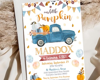 Pompoenwagen 1e verjaardagsuitnodiging: uitnodiging herfstfeest (digitale download)
