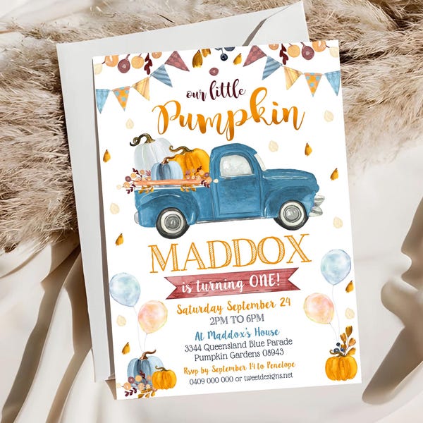 Invitación de primer cumpleaños de camión de calabaza: Fiesta de otoño (Descarga digital)