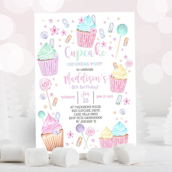 Cupcake Dekorieren Einladungskuchen-Einladung Cupcake Dekorieren Einladung Mädchen Party Themen Cupcake Sweets Einladung Kuchen einladen