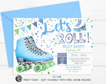 Boy ROLLER SKATE INVITATION, Roller Skate Party Invitation, Roller Skate Birthday invitation, Roller Skate Party, Boy Rollerskating party