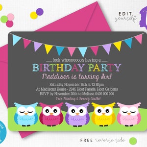 OWL BIRTHDAY Invitation Instant Download OWL Invitations Owl Party Invitation Owl Printable Owl Party Editable Corjl Girl Birthday Invite