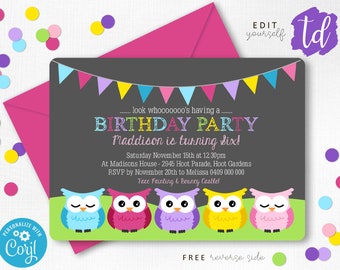 OWL BIRTHDAY Invitation Instant Download OWL Invitations Owl Party Invitation Owl Printable Owl Party Editable Corjl Girl Birthday Invite