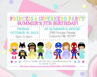 May include: A colorful invitation for a princess and superhero themed party. The invitation features a cartoon illustration of a group of children dressed as princesses and superheroes. The text reads "Princess & Superhero Party! Summer's 5th Birthday!"  "Friday, October 30, 20XX: 5pm to 8pm at Summer's House 2981 Princess Parade Costume Hills 015789" RSVP to Michelle 0409 000 000 or tweet@internode.onnet by October 21, 20XX. Feel free to dress as your favorite princess or superhero!