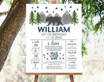 Puede incluir: Un cartel de primer cumpleaños de temática forestal en azul y verde para un niño llamado William. El cartel presenta un oso, montañas y estrellas. Incluye detalles como su edad, altura, peso, comidas favoritas y primeras palabras.