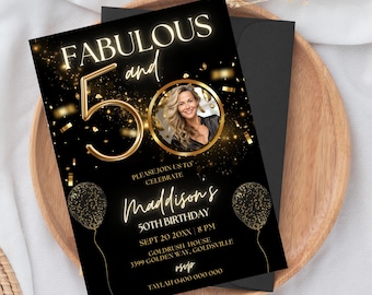 Black & Gold 50th Birthday Invitation: Editable Sparkle Design (Digital Download)