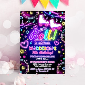 Let's Roll Skate Einladungskarte: Neon Glow Roller Skate Party Evite (Digitaler Download)
