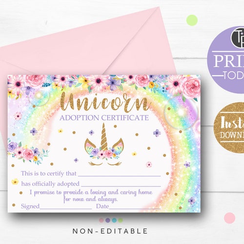 ADOPT A UNICORN Certificate Printable Unicorn Party Game - Etsy Australia