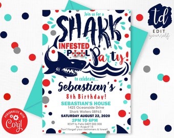 POOL PARTY Invitation Boy Pool Party SHARK Invitation Shark Infested Invitation Pool Party Printable Invitation Editable Corjl Shark Party