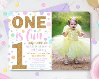 GIRL FIRST BIRTHDAY Invitation Girl 1st Birthday Photo Invitation One is Fun First Birthday Girl Invitation Confetti Invitation Corjl 1st