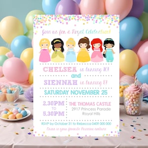 PRINCESS Joint Birthday Invitation PRINCESS SIBLING Invitation Instant Download Princess Costume Party Sibling Princess Birthday Invite 0217