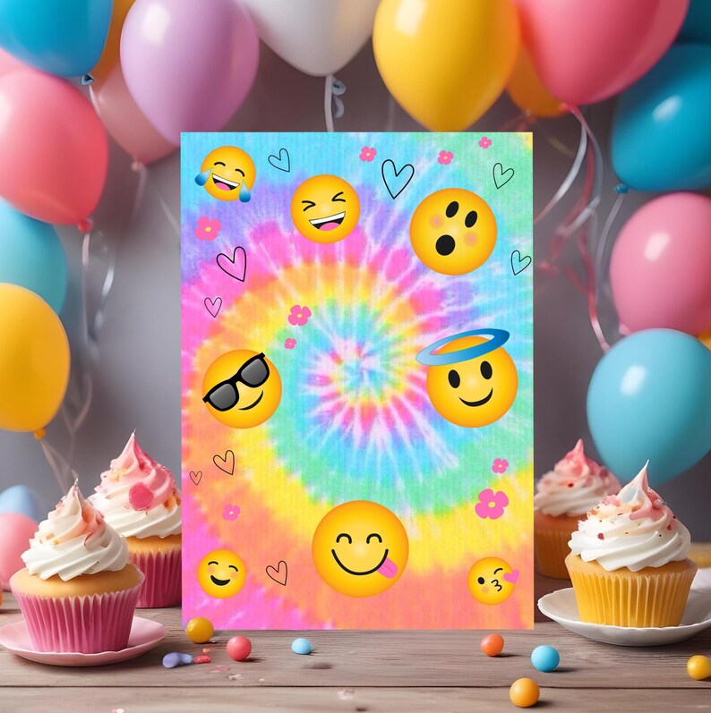 May include: A colorful tie-dye background with various emoji faces. The background is a swirl of pink, blue, green, and yellow. The emoji faces are yellow with black features.