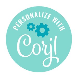 May include: A turquoise blue circle with the text "Personalize with Corjl" in white. Two blue gears are in the upper right corner of the circle.