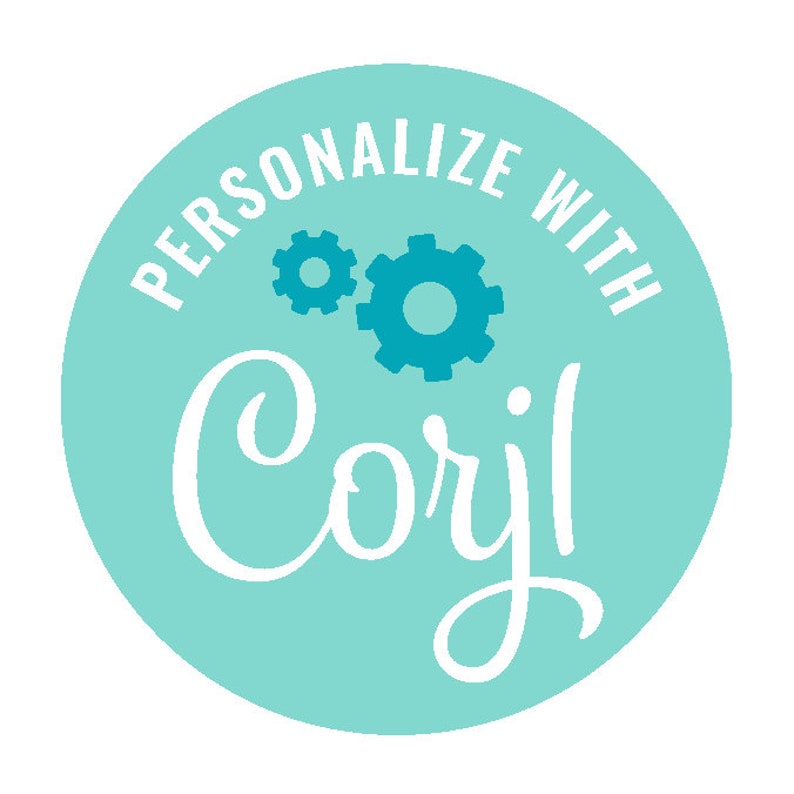 May include: A turquoise blue circle with the text "Personalize with Corjl" in white. Two blue gears are in the upper right corner of the circle.