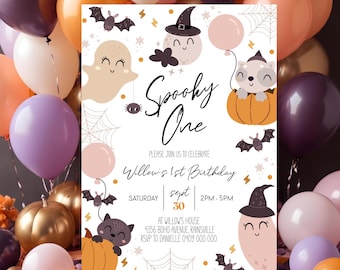 May include: A white invitation with a spooky theme for a first birthday party. The invitation features a ghost, a bat, a witch's hat, a pumpkin, and the text "Spooky One". The invitation also includes the details of the party, including the date, time, and location.