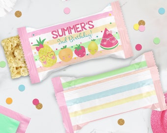 May include: Pink and white striped treat bags with a colorful fruit design and the text "SUMMER'S 2nd Birthday!" printed on the front.