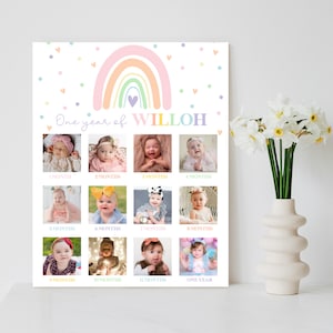 RAINBOW Baby's 1st Year Photo Board Modificabile Collage di foto del primo anno Stampabile Modello di photo board del primo anno Poster del primo compleanno Moderno