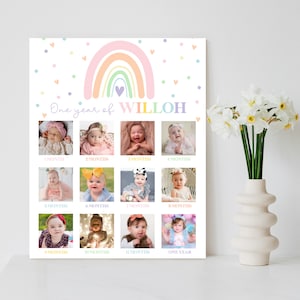 RAINBOW Baby's 1st Year Photo Board Editable First Year Photo Collage Printable One Year of Photo Board Template 1st Birthday Poster Modern