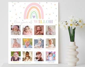 RAINBOW Baby's 1st Year Photo Board Editable First Year Photo Collage Printable One Year of Photo Board Template 1st Birthday Poster Modern