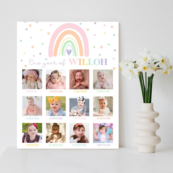 RAINBOW Baby's 1st Year Photo Board Editable First Year Photo Collage Printable One Year of Photo Board Template 1st Birthday Poster Modern