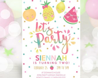 May include: A colorful invitation for a birthday party with the text "Let's Party" in a rainbow gradient. The invitation features a pineapple, a lemon, an orange, and a watermelon with sunglasses. The text "Sienna is turning two!" is at the bottom of the invitation with the date and time of the party.