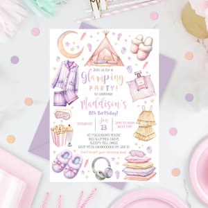 Girl CAMPING INVITATION Editable Camp Birthday Invitation Sleepover Invitation Girl Glamping Invitation Girl Adventure Camping Party Corjl