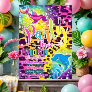 RAINBOW DOLPHIN Party Invitation Editable Corjl Rainbow Cheetah Print Invitation Instant Download Dolphin Birthday Invitation Cheetah Pool