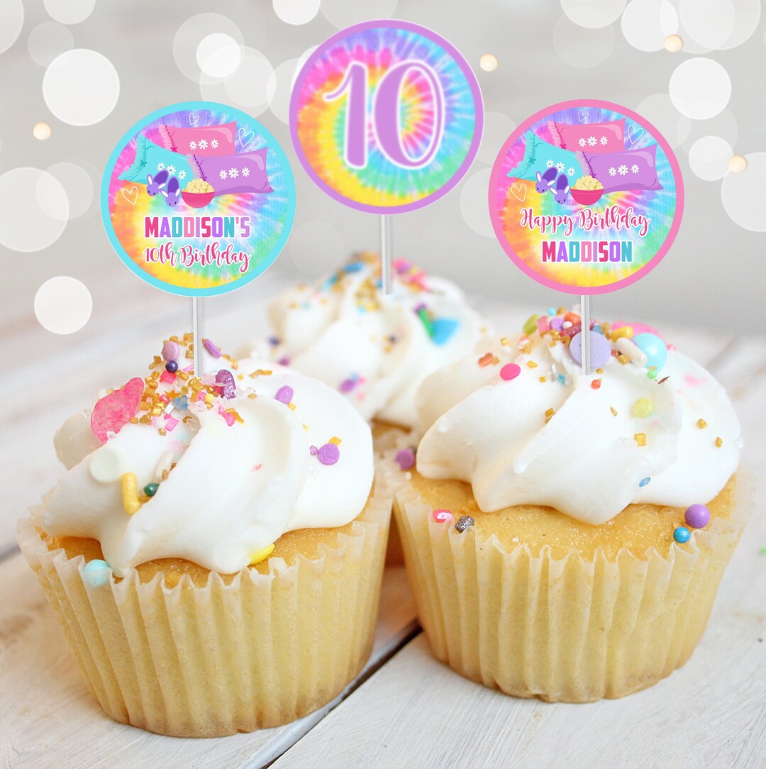 SLEEP OVER Cupcake Toppers Instant Download Tie Dye Sleep Over Cupcake