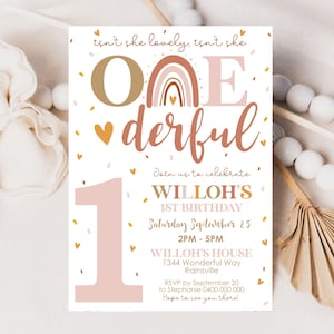 BOHO RAINBOW 1st Birthday Invitation Editable Isnt she lovely Isnt she Onederful Invitation Digital Modern Rainbow First Birthday Invite