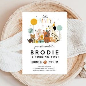 Faire-part chien chat, faire-part de fête modifiable pour chien, chat, Pawty, faire-part d'anniversaire chien et chat, chiot, chaton, Pawty, inviter