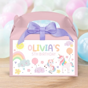 Bearbeitbares Regenbogen-Einhorn-Giebelschachtel-Bevorzugungsetikett Regenbogen-Einhorn-Etikett Geschenkbox Regenbogen-Einhorn-Geburtstagsparty-Giebelschachteletikett Laden Sie U1 herunter