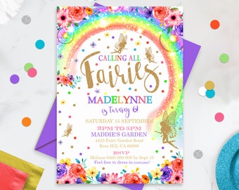 RAINBOW FAIRY INVITATION Instant Download Fairy Rainbow Invitations Rainbow Fairy Party Gold Fairy Invitation Corjl Editable Fairy Birthday