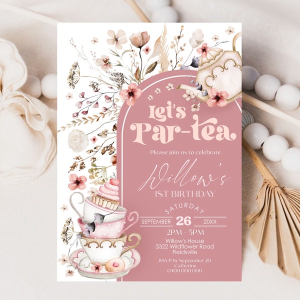 TEA PARTY Birthday Invitation Editable Wildflower Tea Party Invite Boho Wildflower Par-tea Invite Digital High Tea Party Invitation Template