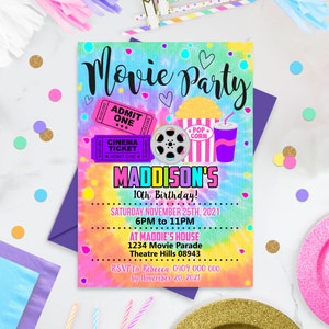 MOVIE INVITATION GIRL Cinema Invitation Birthday Editable Movie Party Birthday Invitation Backyard Movie Party Invitation Tie Dye Corjl